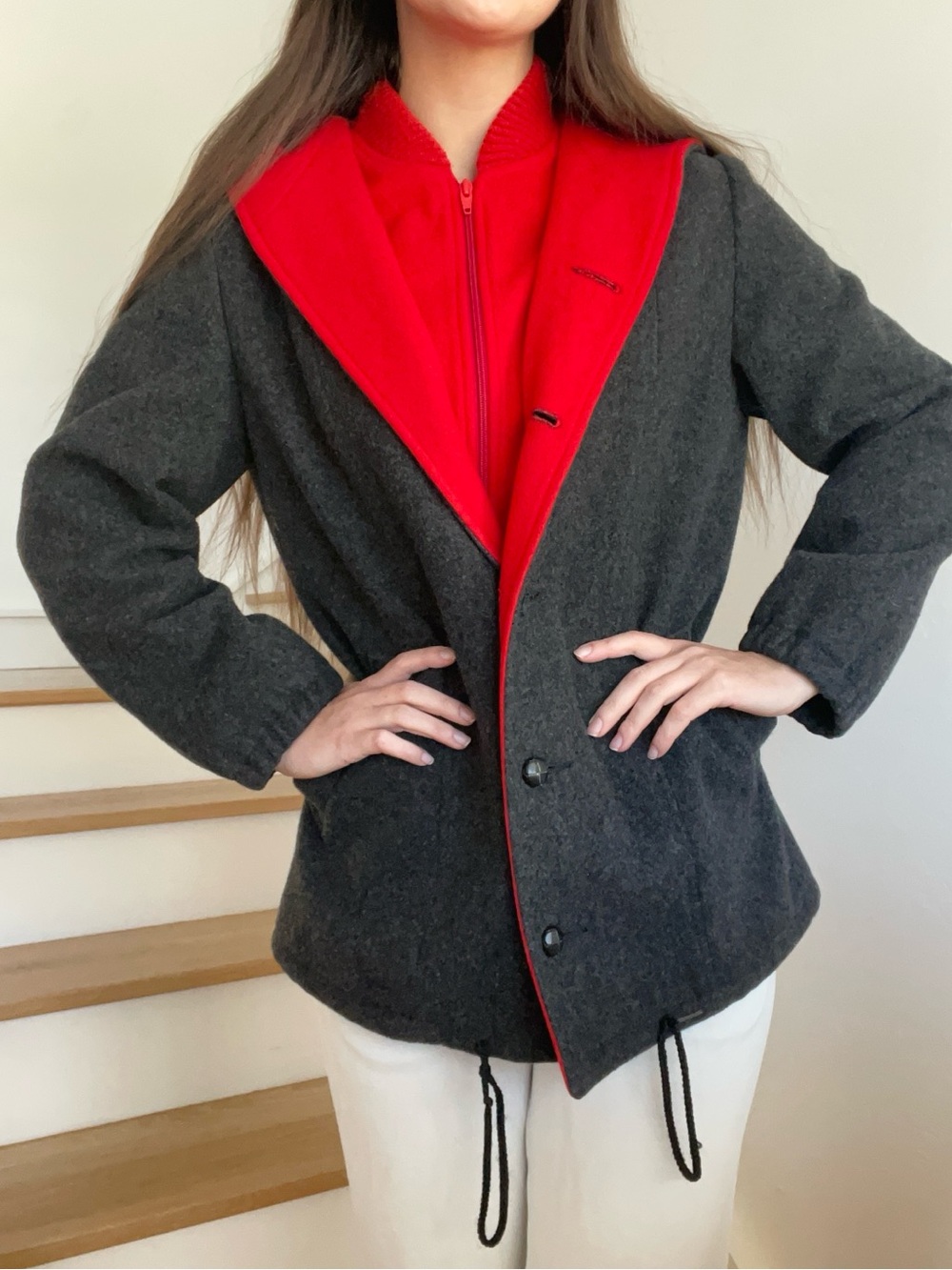 Vintage Mackintosh Vestcoat Wool Built In Scarf Layered Grey Red Coat Jacket 8P